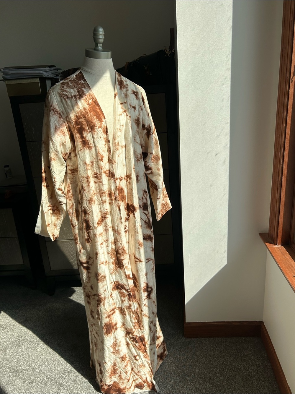 Tie-Dye Open Front Maxi abaya  - Brown & Cream